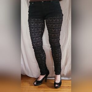 Black Crystal Black Lace Patterned Leggings, Size 7